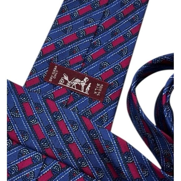 HERMÈS Men's Silk Necktie LUXURY 7678 TA Blue Burgundy Striped Rope W:3.6" EUC - Picture 2 of 5